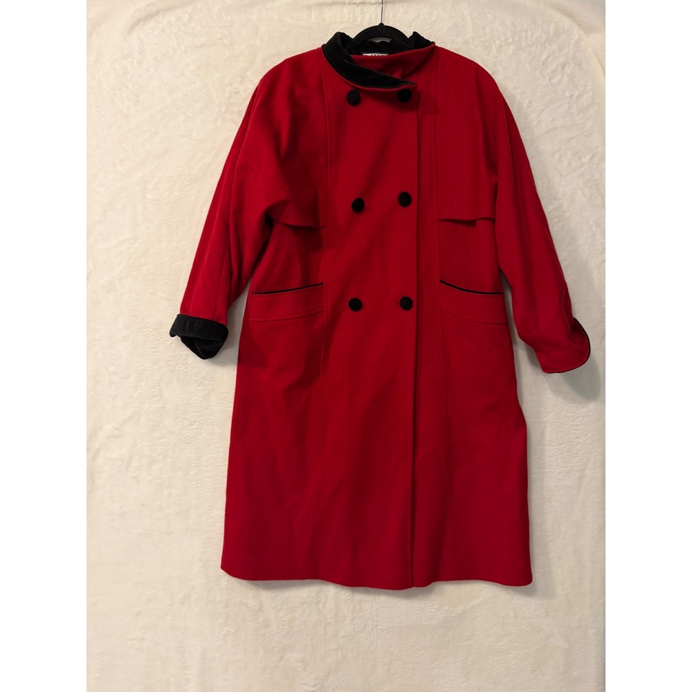 Mario De Pinto Vintage Red Wool Blend Double Breasted Long Coat Velvet Trim USA